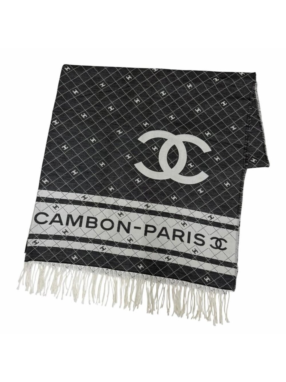 Chanel 31 Rue Cambon Cotton Silk CC Logo Large Shawl with Fringe Gray Scarf